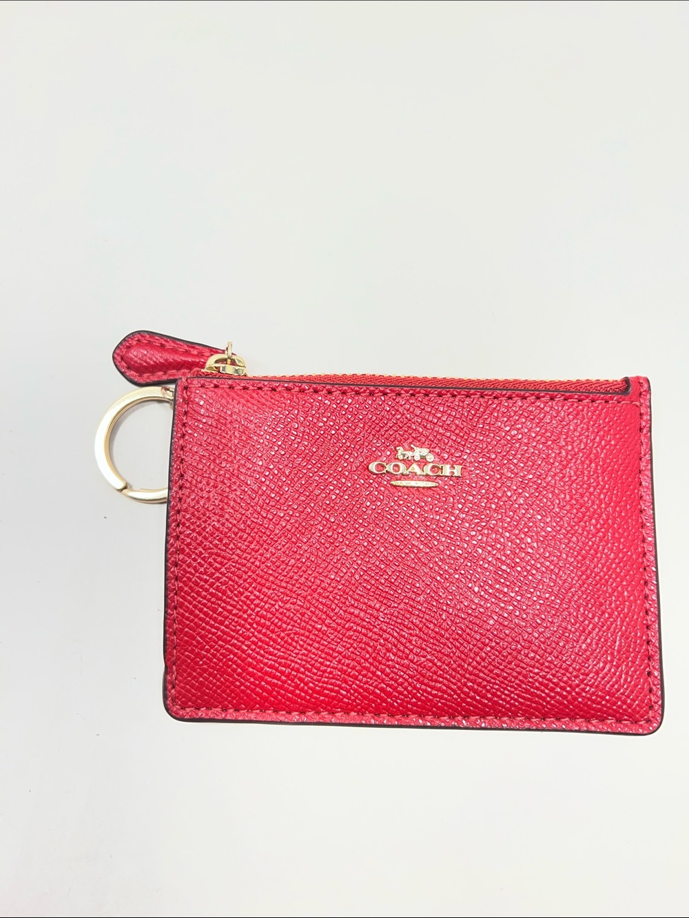 COACH Red Saffiano Zip Card Case with Key Ring